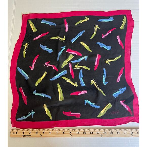 Coach 100% Silk Scarf with Bright Color Shoes Black Background with Red Frame - Picture 3 of 7